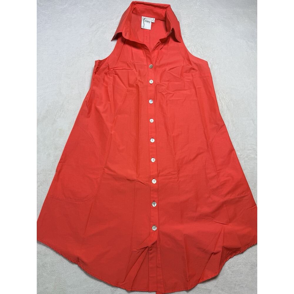 Finley Audio Techno Blend Sleeveless Button Front Tunic Shirt Coral Citrus Sz Sm